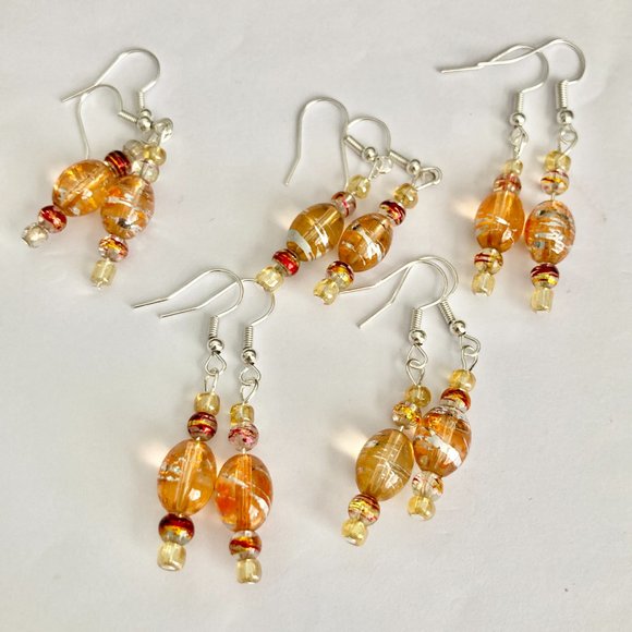 Peach Orange Murano Art Glass Earrings Bead Hand Painted Round Silver Plated - Picture 7 of 8